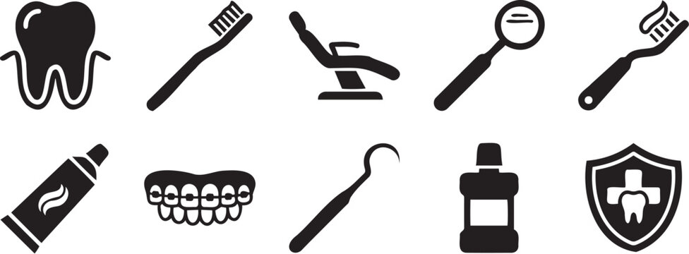 Professional dental care vector icon set featuring various oral health tools and hygiene equipment in a clean black graphic style