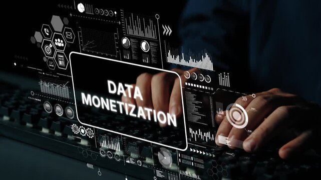 Hands of a data analyst working on data monetization with interactive graphics and charts in a digital environment. Asymptotic smart data analytic.