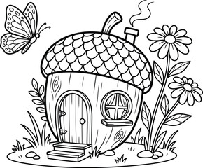 Acorn House Illustration With Butterfly And Flowers Black And White © Rekha