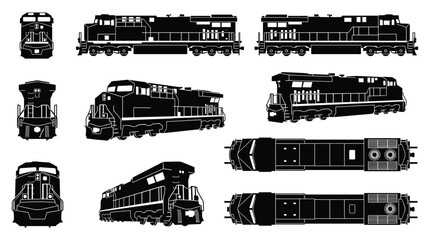 Diesel Freight Locomotive Silhouette Set — Heavy Rail Engine Industrial Transport Vector Icons Isolated © selena