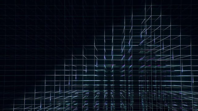 Dynamic neon grid: futuristic digital landscape evolving through infinite dimensions