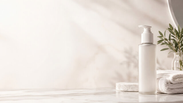 clean white pump bottle on marble surface with folded towels and green leaves, soft natural lighting, spa bathroom setting, beauty product mockup, minimalist design