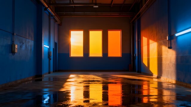 industrial hallway with colorful lighting