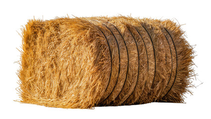 Rectangular golden hay bale with black twine straps, isolated on transparent background © Claudia