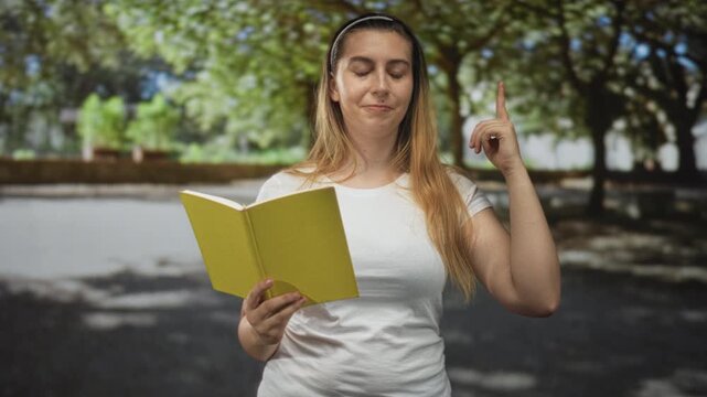 Woman holding green notebook points finger upward while reading aloud from a small journal on a tree lined street in daylight; contemplation focus.