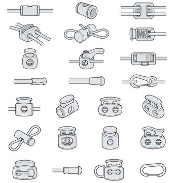 Collection of Cord Locks, Toggles and Cord Stoppers  Icons for Drawstrings and Cords