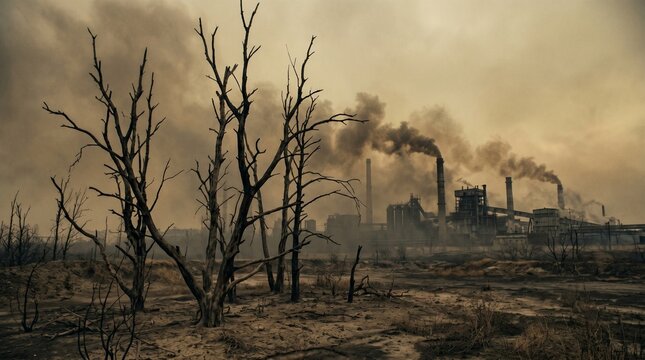 Smoke Belching Industrial Complex Surrounded by Dead Forest and Polluted Land Depicting Ecological Collapse and Climate Crisis