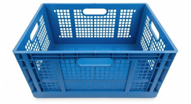 An empty blue plastic storage crate with a grid design, isolated on white background