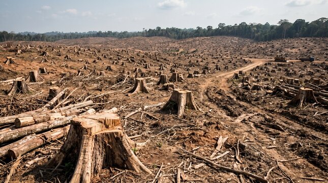 Clear Cut Tropical Landscape with Extensive Tree Stumps Demonstrating Large Scale Deforestation and Ecosystem Loss