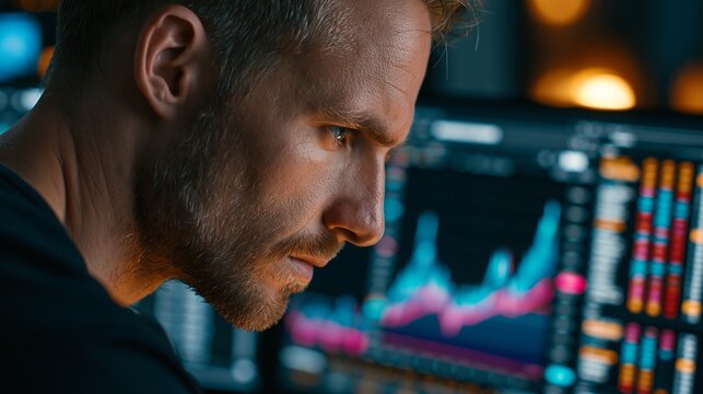 Focused male trader analyzing complex financial market charts on a glowing computer monitor at night time