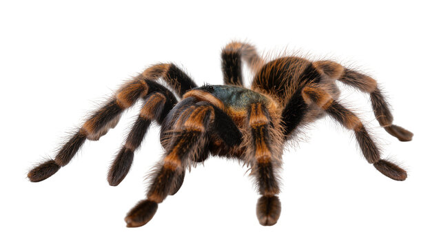 Fluffy brown and black tarantula spider with hairy legs, isolated on transparent background