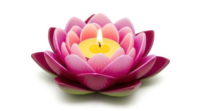 Beautiful lotus flower shaped candle with pink petals and a glowing flame isolated on white background