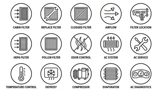 Minimalist automotive icons showing air conditioning and filtration system functions, including filters, airflow, AC service, diagnostics, and temperature control.