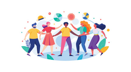 Fototapeta premium Diverse group of people holding hands in a colorful circle with balloons