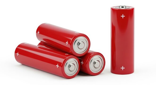 Group of red aa batteries isolated on white background