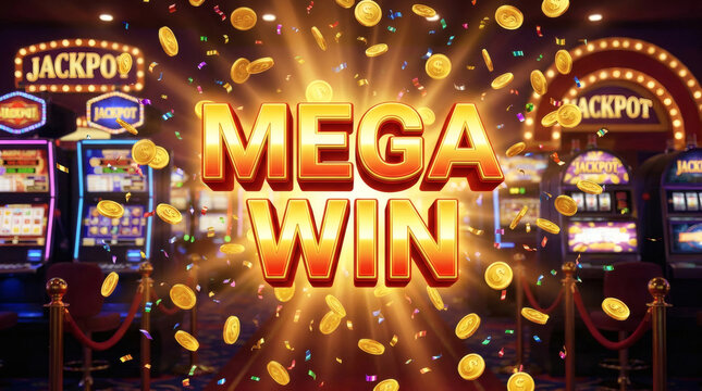 Mega win text with flying gold coins and confetti in casino slot machine background