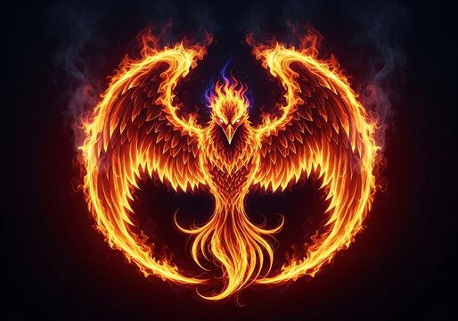 Fiery Phoenix Illustration with Bright Flames and Dark Background.