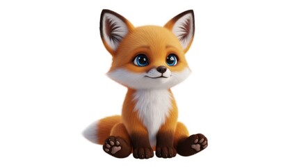 Fototapeta premium A cute baby fox with bright blue eyes sitting down, isolated on white background
