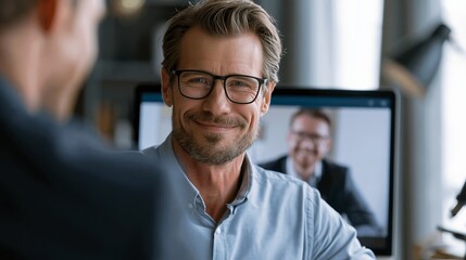Fototapeta premium Professional man wearing glasses smiling while sitting at his desk during a productive video meeting