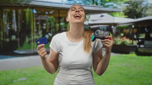 Woman laughing, holding a wireless game controller and a blue credit card, head tilted back with eyes closed, standing outside near a building cafe; joy celebration.