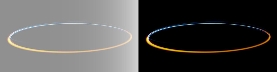 Abstract futuristic neon portal ring with blue and orange light trails on black and grey background, wide banner overlay © Aleksandra Rudenko