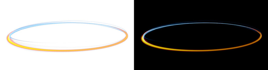 Abstract futuristic neon portal ring with blue and orange light trails on black and white background, wide banner overlay © Aleksandra Rudenko