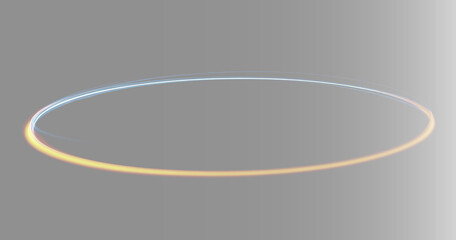 Abstract futuristic neon portal ring with blue and orange light trails on grey background, wide banner overlay © Aleksandra Rudenko
