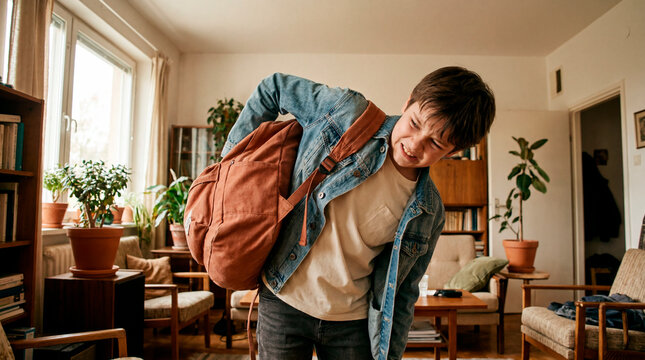 Teenage boy lifting heavy backpack in cozy living room before school