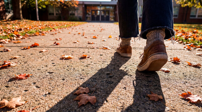 Student feet walking on autumn leaf covered path toward school entrance