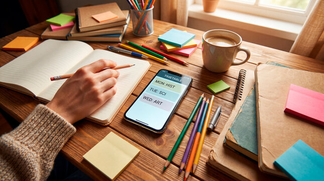Student desk with phone timetable notebook and colored pencils for school planning