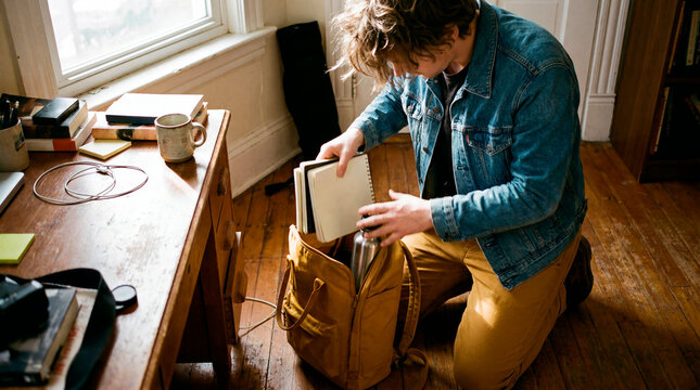 Young man packing notebook into yellow backpack at wooden desk before school
