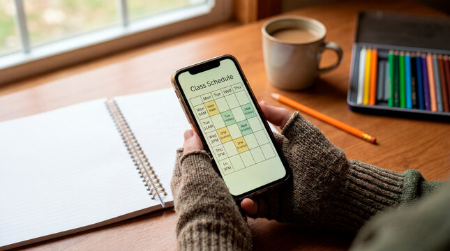 Student holding smartphone with class schedule beside notebook and colored pencils