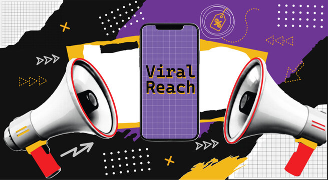 Halftone Pop Art Viral Reach Marketing Campaign with Smartphone Megaphones and Social Media Promotion