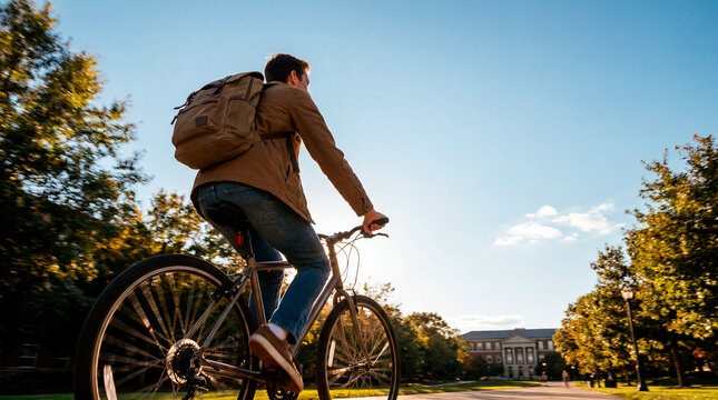 College student cycling across green campus with backpack on autumn morning