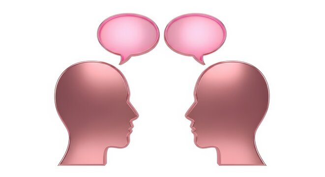 Two metallic pink human head silhouettes facing each other with speech bubbles above them
