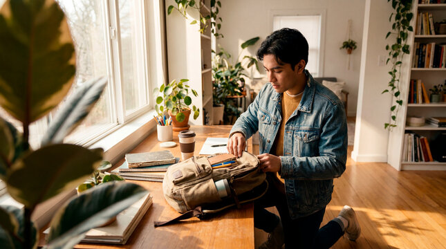 Young man packing backpack at sunny desk with plants in modern home