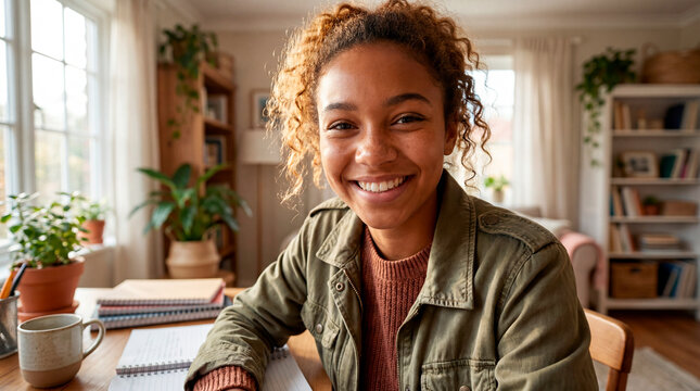 Confident young woman smiling at study desk with notebooks in bright room
