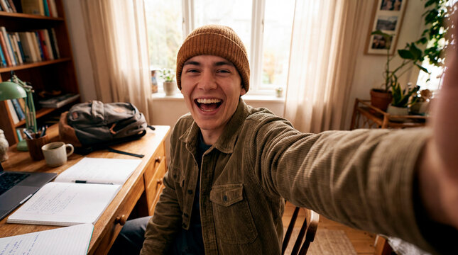 Playful young man laughing while taking selfie at home study desk