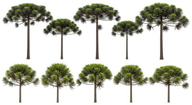 Set of araucaria angustifolia trees isolated on white background