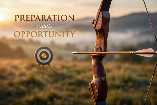 Preparation meets opportunity concept floating in the warm misty morning air next to a close up of a traditional wooden archery bow drawn back with an arrow pointing at a target in the distance 