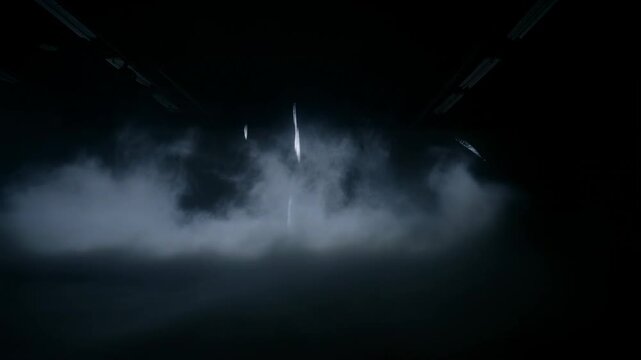 Mystical light beams penetrate smoky darkness in enigmatic atmosphere