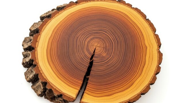 Cross section of a tree trunk with growth rings isolated on white background
