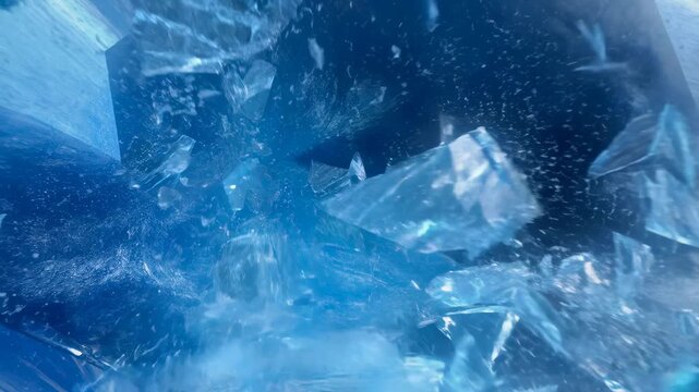 Shattering ice crystals in slow motion revealing intricate patterns and light refraction