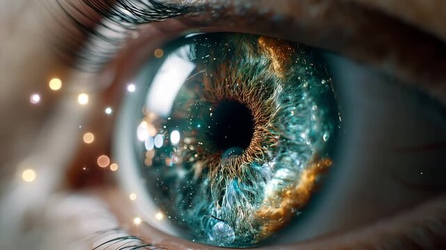 Extreme Macro Close-Up of Human Eye With Sparkling Reflections and Glittering Light Details, Captivating Beauty Portrait Featuring Iris Texture, Shine and Dramatic Visual Depth