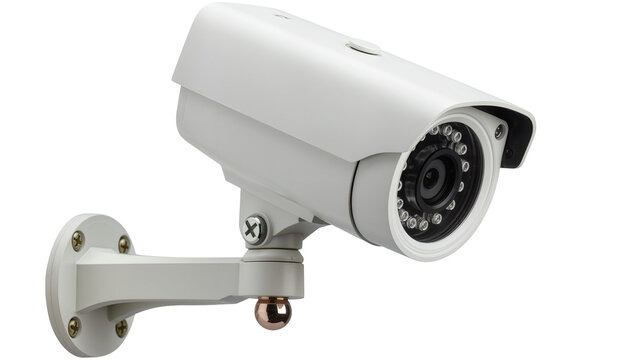 White security camera with adjustable bracket, isolated on transparent background