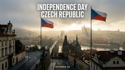 Independence day czech republic flags over prague cityscape, historic buildings.