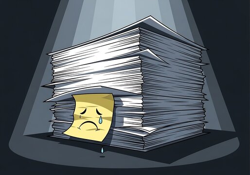 Overwhelmed Person with Large Stack of Documents in Dark Office.