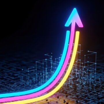 A neon glowing arrow ascends through a complex three-dimensional digital grid, symbolizing rapid business growth and technological success, glowing, grid, advanced