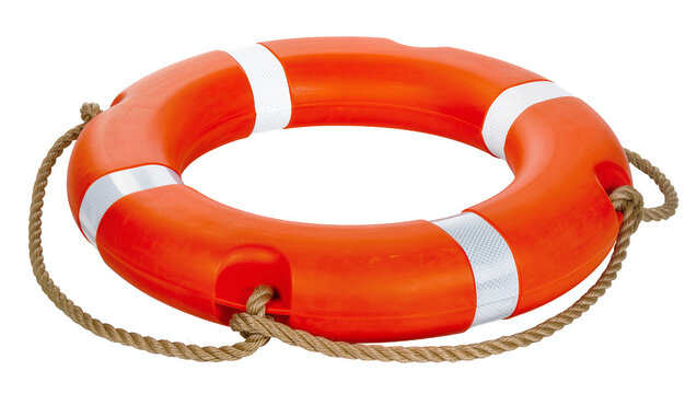 Bright orange life preserver ring with rope and reflective stripes, isolated on transparent background