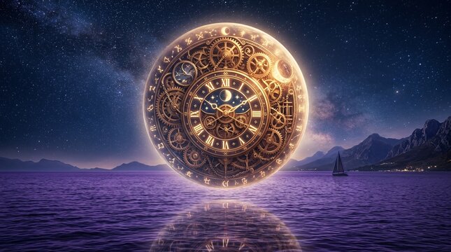 Glowing celestial zodiac clock sphere floating over purple ocean.